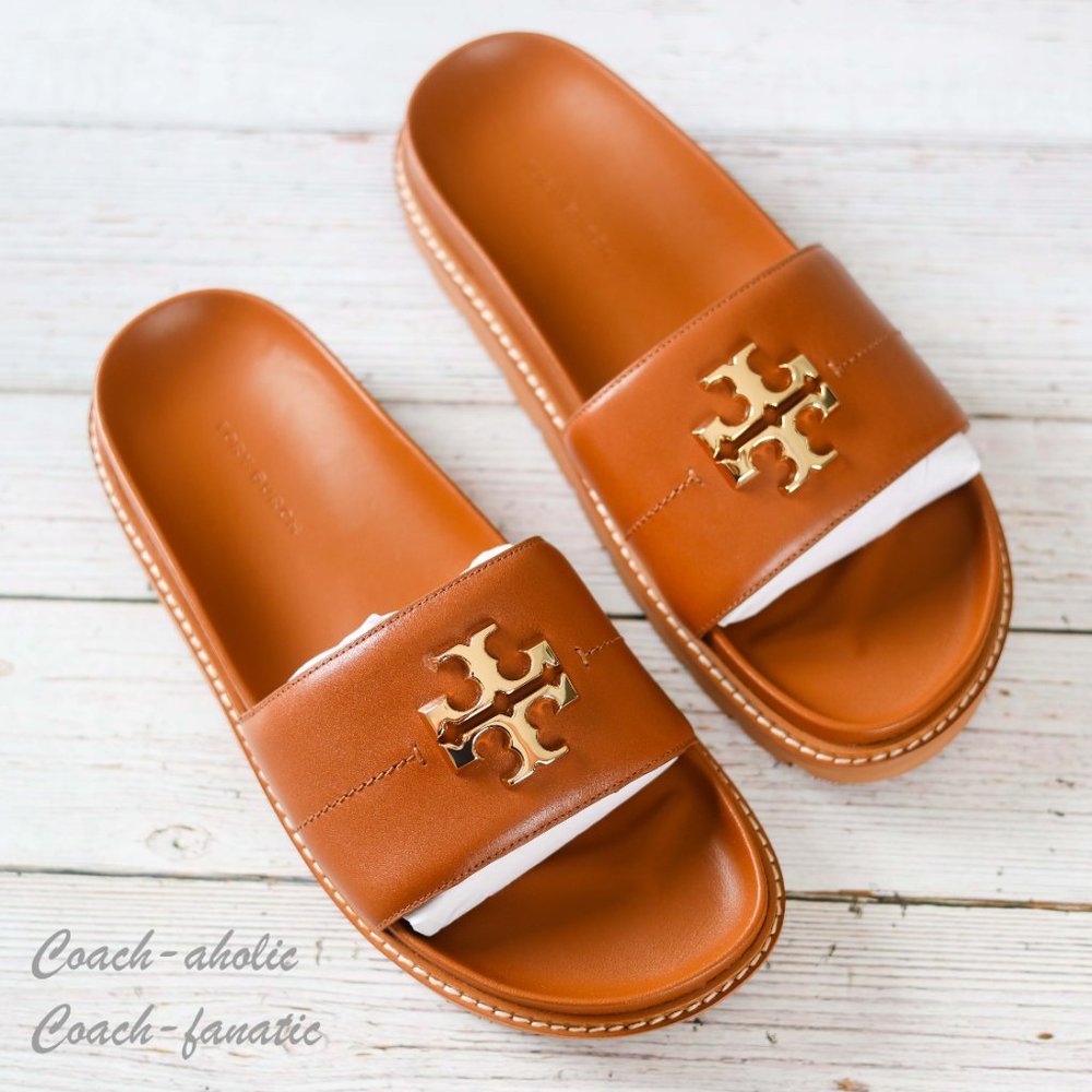 NIB Tory Burch Everly Anatomic Lug Nappa Leather Slide Sandal in Bourbon - Picture 5 of 9